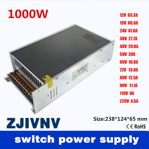 Salida única de 1000W de potencia de conmutación fuente de alimentación de 12V 15V 24V 36V 48V 48V 50V 60V 72V 80V 90V 110V 220V AC110V o 220V a DC SMPS ► Foto 1/5