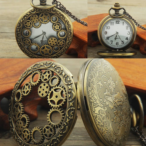Retro reloj de bolsillo hueco de antiguo colgante números arábigos analógico de cuarzo regalo reloj de bolsillo nuevo Vintage bronce Steampunk ► Foto 1/6