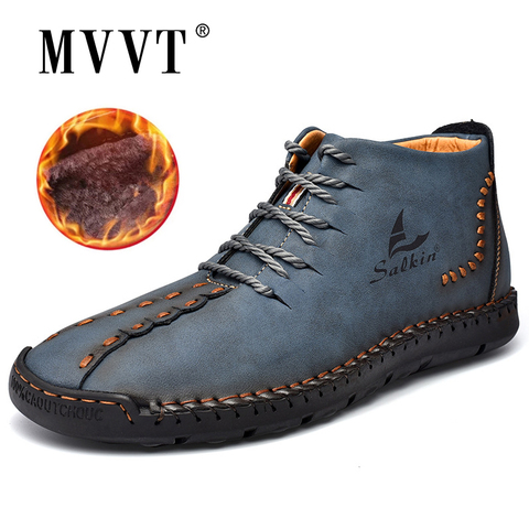 Botas de cuero con puntadas a mano para hombre, botines de charol azules para exteriores y otoño, informales ► Foto 1/6