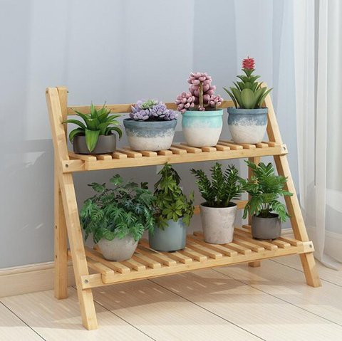 Soporte plegable de madera de bambú para flores, maceta para balcón, sala de estar, flor de habitación, estante de exhibición para suelo interior, 2/3/4 capas ► Foto 1/6