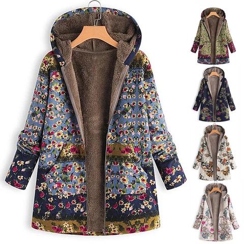 Impresión Floral chaqueta de invierno las mujeres los bolsillos con capucha de gran tamaño abrigos Vintage Fluffy acogedor Parkas mujer cremallera Casual prendas de vestir exteriores ► Foto 1/6