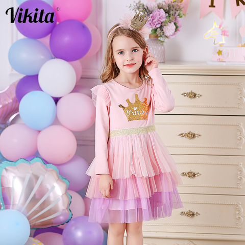 VIKITA-vestido de princesa para niños, tutú de malla, lentejuelas reversibles, con patrón de corona, ropa de otoño ► Foto 1/6