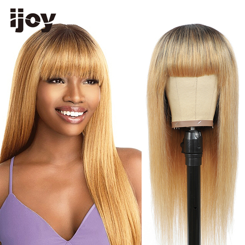 IJOY-peluca completa con flequillo de cabello humano para mujeres negras, peluca larga recta, pelo brasileño rubio miel ombré, 150% no Remy ► Foto 1/6