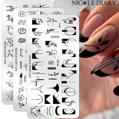 NICOLE DIARY-placas de estampado de uñas con diseño de línea francesa, flor, hoja geométrica, uñas florales, arte, estampilla, plantilla de impresión ► Foto 1/6