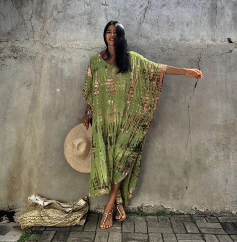 Vestido largo holgado de algodón con manga de murciélago y cuello de pico para mujer, 100%, estampado bohemio, abertura lateral, ropa de talla grande, ropa de playa Q1218 ► Foto 1/6