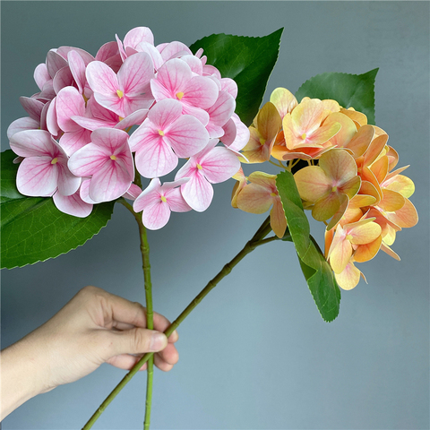 Rama de hortensia con estampado 3D de lujo, flores artificiales de tacto real con hojas verdes, para mesa de casa, oficina, decoración de boda, flores ► Foto 1/4