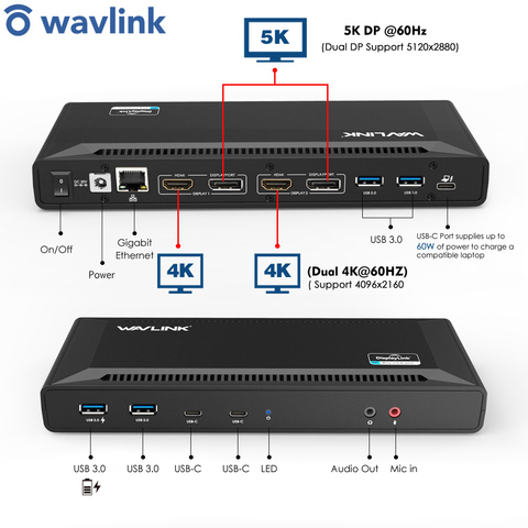 Wavlink USB C estación de acoplamiento Universal 5K USB-C Gen1 Dual pantalla 4K HD HDMI entrega de potencia USB 3,0 Gigabit Ethernet para Mac OS ► Foto 1/6