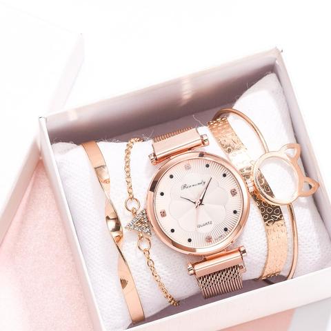 Conjunto de 5 uds. De relojes de lujo para Mujer, con hebilla magnética, flor, diamantes de imitación, Reloj de pulsera de cuarzo, femenino ► Foto 1/6