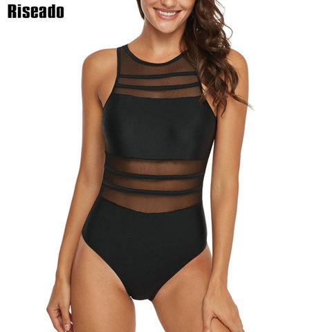 Riseado-bañador de malla negra de una pieza para mujer, traje de baño Sexy de cuello alto, sin espalda, de talla grande, XXL, 2022 ► Foto 1/6