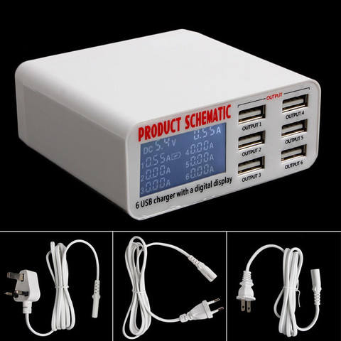 US/EU/enchufe de Reino Unido 6A 6 puerto USB del eje del cargador rápido adaptador de carga de pared con pantalla LCD ► Foto 1/6