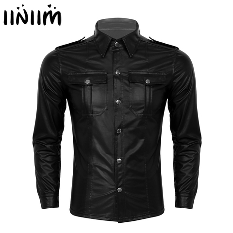 Iiniim-ropa de tendencia de Wetlook para hombre, camisas de cuero con cuello vuelto, botones, ajustadas, para club nocturno, fiesta de adultos, ropa para discoteca ► Foto 1/6