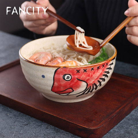 FANCITY japonés bajo vidriado pintado a mano de 7 pulgadas de cerámica hogar ramen tazón de sopa restaurante comercial tazón de fideos grande me ► Foto 1/6