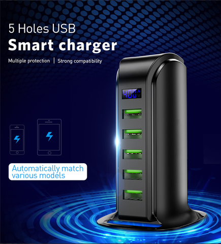 TKEY-estación de carga rápida con 5 puertos USB, Cargador Universal multipuerto, enchufe de Adaptador de viaje de pared, EE. UU., UE, Reino Unido ► Foto 1/6