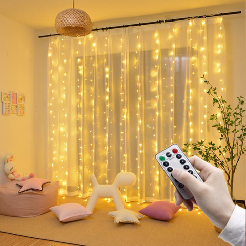 Guirnalda de luces LED navideñas con control remoto, cortina de luces para decoración del hogar/dormitorio, luces de Navidad, 3x1/3x 2/3x3 ► Foto 1/6