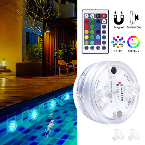 2022 mejora 13 LED RGB luz sumergible con imán y ventosa Luz de piscina luz subacuática de noche de té para estanque ► Foto 1/6