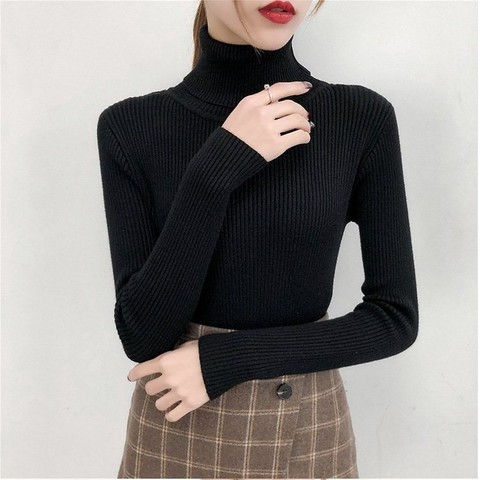 Bonjean-Jersey de punto para Otoño e Invierno para mujer, jerséis de cuello alto, jerséis informales, camisa de manga larga, suéter ajustado para niña ► Foto 1/6