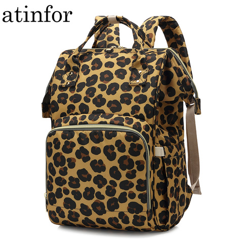 Atinfor-mochila con estampado de leopardo para madres, mochila colgante con carrito para pañales y cuidado del bebé, bolsa de maternidad ► Foto 1/6