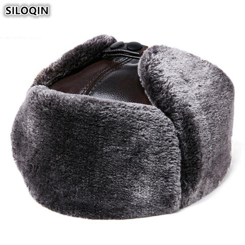 SILOQIN-Sombrero de cuero de vaca para hombre, gorros muy cálidas de piel de vaca para invierno, gruesos, de terciopelo, de bombardero, gorros de cuero genuino, gorro de esquí ► Foto 1/6