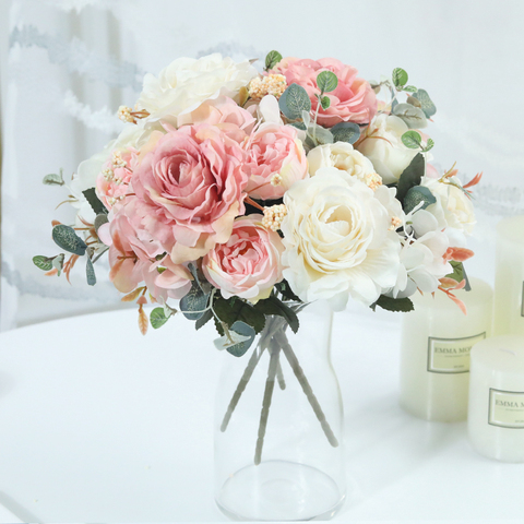 Flores artificiales rosas de hortensia para elementos de decoración para boda Hogar, ramillete otoñal de alta calidad, peonía ► Foto 1/6