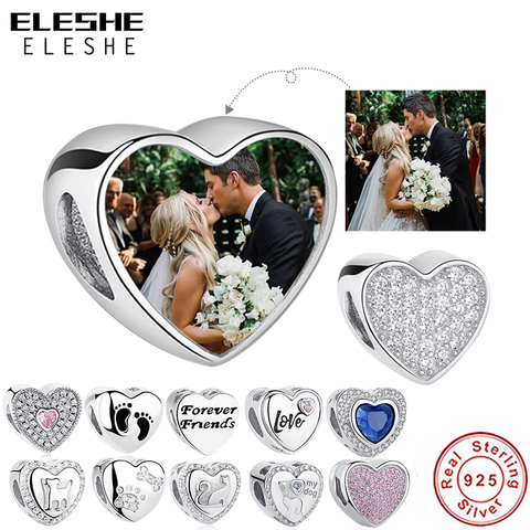 ELESHE-abalorio de plata de ley 100% con forma de corazón, accesorio para pulsera customizable, con forma de corazón y foto personalizada ► Foto 1/6