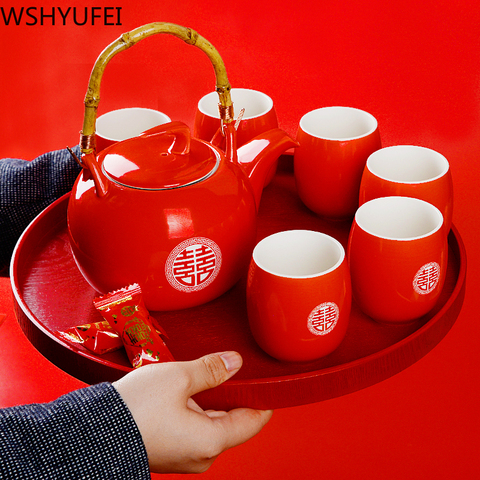 WSHYUFEI-TETERA de cerámica roja para boda, juego de té nupcial de porcelana de estilo chino, Tetera de set de filtro, regalo de lujo ► Foto 1/6