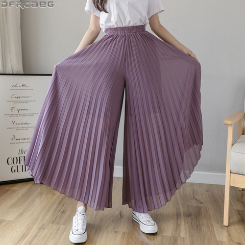 Pantalones plisados de gasa para Mujer, pantalón de pierna ancha, cintura alta, elásticos, color azul, negro y púrpura ► Foto 1/6