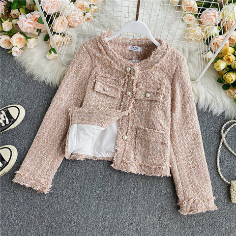 Chaqueta de tweed de estilo coreano para mujer, chaqueta con fragancia pequeña retro francesa, corta y sencilla, chaqueta con temperamento, otoño e invierno, nueva ► Foto 1/6