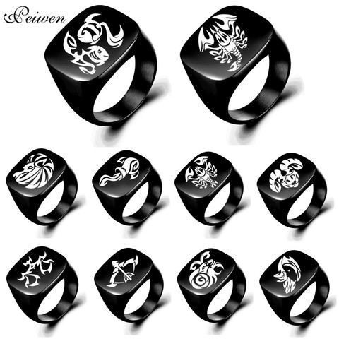 Anillo de constelación de acero inoxidable para hombre y mujer, sortijas cuadradas negras con signo del zodiaco, Leo Libra, Tauro, escorpio, regalo de cumpleaños, 12 unidades ► Foto 1/6