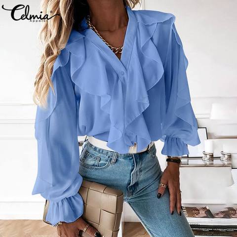 Las mujeres blusa blanca Celmia 2022 de moda elegante Top con volantes Sexy V cuello camisa de manga larga Mujer Casual botón Streetwear Blusas ► Foto 1/6