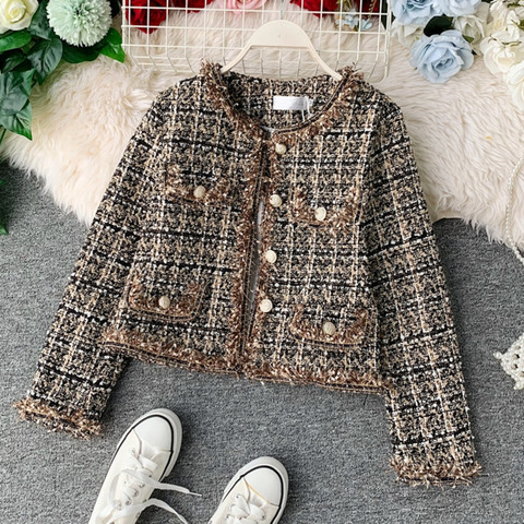 Chaqueta Vintage de Tweed para mujer, abrigos recortados de lana coreanos de retales de fragancia pequeña, prendas de vestir cortas elegantes, otoño e invierno, nueva ► Foto 1/6