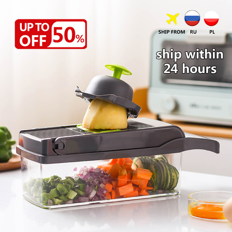 Cortador de verduras multifuncional, accesorios de cocina, herramienta para picar y triturar verduras y frutas 7 en 1, Set de utensilios de drenaje semillas de verduras chinas rallador espiral cocina accesorios de coci ► Foto 1/6