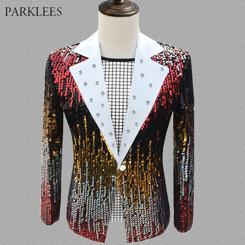 Hombres de chaqueta de traje de corte Slim estilo diamante vestido Tuexdo Blazer escenario de baile fiesta cantante de club nocturno Blazer para disfraz Masculino ► Foto 1/5