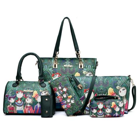 Las mujeres de mujer bolsas verde carácter bolso de cuero de moda de dibujos animados bosque verde Casual bolso hombro Bolsa 6 unid/set ► Foto 1/6