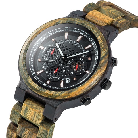 BOBO BIRD-reloj de pulsera Sándalo Verde para hombre, cronógrafo multifuncional, deportivo, grabado ► Foto 1/6