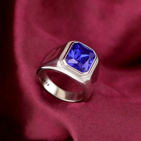 100% de plata 925 para hombre, anillo sencillo retro, anillo de índice de zafiro rojo ► Foto 1/4