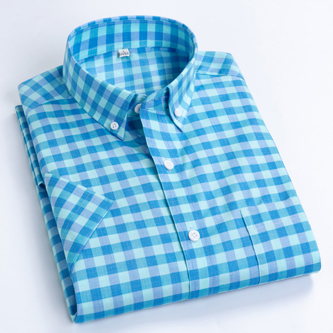 Camisa de algodón a cuadros para hombre, camisa de manga corta a cuadros, con un solo Bolsillo tipo parche, con cuello de botón, informal, juvenil, para vacaciones, Gingham ► Foto 1/6