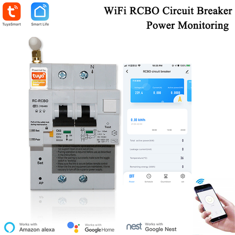 Interruptor de circuito RCBO con control de potencia, dispositivo de control de corriente de fuga de 2P, WiFi, RCBO MCB, protección contra cortocircuitos, Alexa ► Foto 1/6