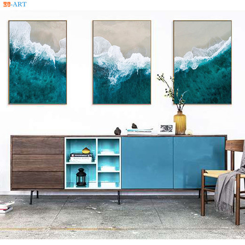 Póster de playa aérea con estampado de agua azul, arte de pared de océano y olas, lienzo costero, pintura, decoración nórdica para el hogar ► Foto 1/6