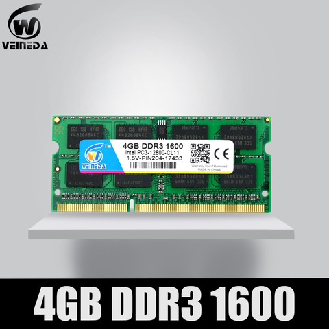 VEINEDA DDR3 4 GB 8 GB 1600NHz PC3-12800 So-dimm Ram Compatible ddr3 1333 PC3-10600 ddr 3 204pin para intel AMD portátil ► Foto 1/5