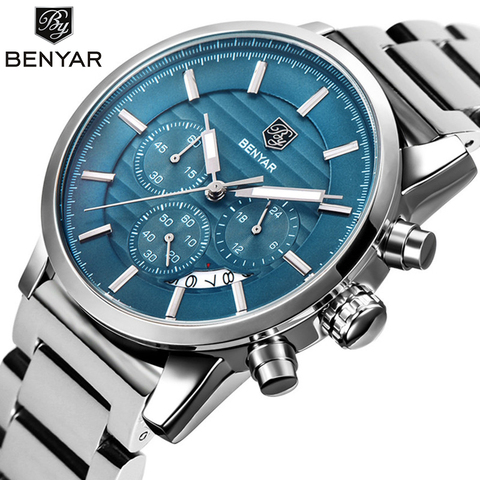 BENYAR negocio deporte cronógrafo Todo el acero de los hombres relojes superior de la marca de lujo de cuarzo militar hombre Watchwrist reloj Relogio Masculino ► Foto 1/6