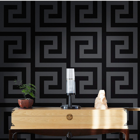 Papel tapiz geométrico para pared, decoración de fondo de sala de estar, llave griega grande, efecto satinado de lujo, negro y gris ► Foto 1/2