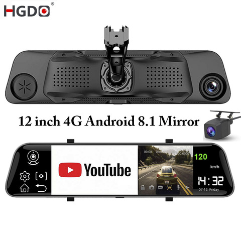 HGDO-cámara DVR para coche, espejo retrovisor multimedia de 12 pulgadas, 4G, ADAS, Android 8,1, FHD, 1080P, WiFi, GPS, cámara de salpicadero, grabadora de vídeo ► Foto 1/6