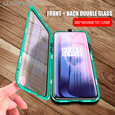 360 Funda protectora completa de Metal magnético parachoques doble de vidrio templado para Oneplus 7 7T Pro 6T 6 One Plus 7 Pro Funda de pantalla ► Foto 1/6