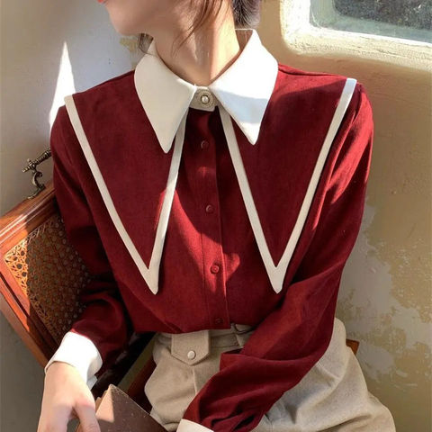 Camisa roja con botones para mujer, blusa blanca con cuello vuelto y volantes afilados, moda coreana, ropa de trabajo de Dama ► Foto 1/6