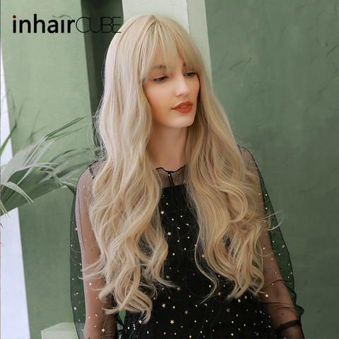 Inhaircube, Rubio claro, peluca de cabello sintético largo ondulado con flequillo, pelo Natural, parte media, cuero cabelludo Real, colores combinados, regalos gratis ► Foto 1/6