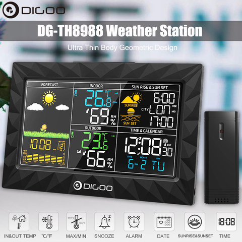 DIGOO DG-TH8988 Color LCD estación + al aire libre termómetro Sensor remoto humedad Despertador con función Snooze amanecer atardecer calendario ► Foto 1/6