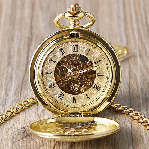 Reloj de bolsillo liso con esqueleto completamente de Color dorado para hombre y mujer, pulsera mecánica con números romanos, cuerda a mano, reloj con Apertura Doble ► Foto 1/6