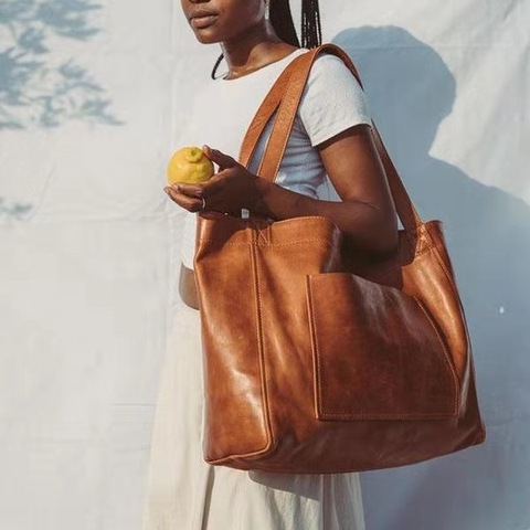 Bolso de piel con cera de aceite para mujer, bolsa de mano de lujo con bolsillo, bandolera grande ► Foto 1/1