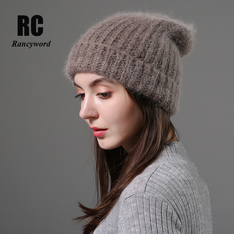 Gorro de lana con piel de conejo para mujer, gorro de lana cálido, gorro femenino de punto para invierno ► Foto 1/6