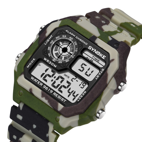 SYNOKE-reloj Digital con pantalla LED para hombre, cronógrafo electrónico deportivo resistente al agua, con alarma, Camuflaje, verde, Militar ► Foto 1/6